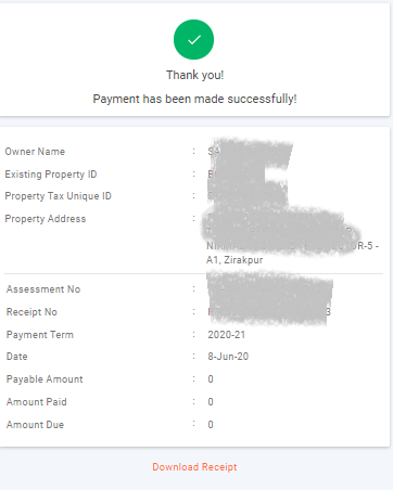 Machine generated alternative text: Thank you! Payment has been made successfully! Existing Pmperty ID Tar unique ID No 2020-21 80un-20 payable Paid cwnload 